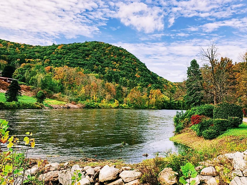 The Housatonic River flows through West Cornwall, Connecticut, near the Housatonic State Forest.