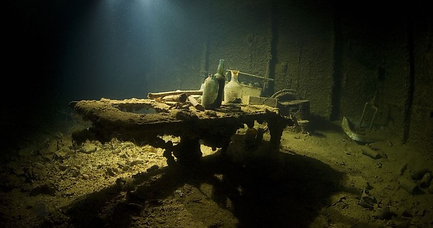 Operating table in the sick bay of the Shinkoku Maru, a Japanese cargo ship sunk during World War II