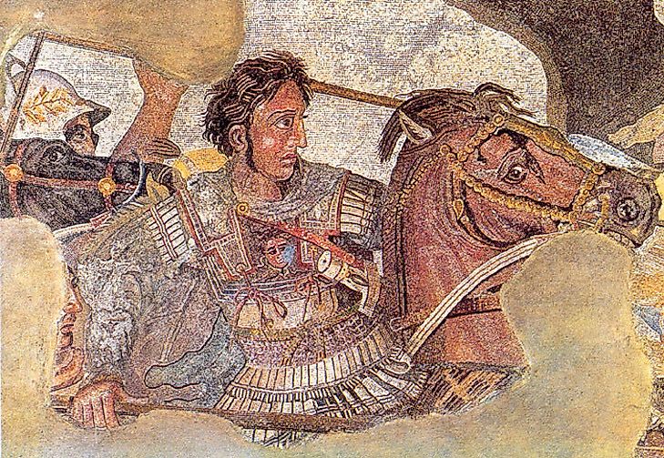 Alexander the Great depicted at the Battle of Issus against Darius III of Persia, from a Roman floor mosaic dating from around 100 BCE.