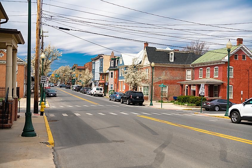 Buildings lined along a quaint street in Martinsburg, West Virginia. Editorial credit: Kosoff / Shutterstock.com