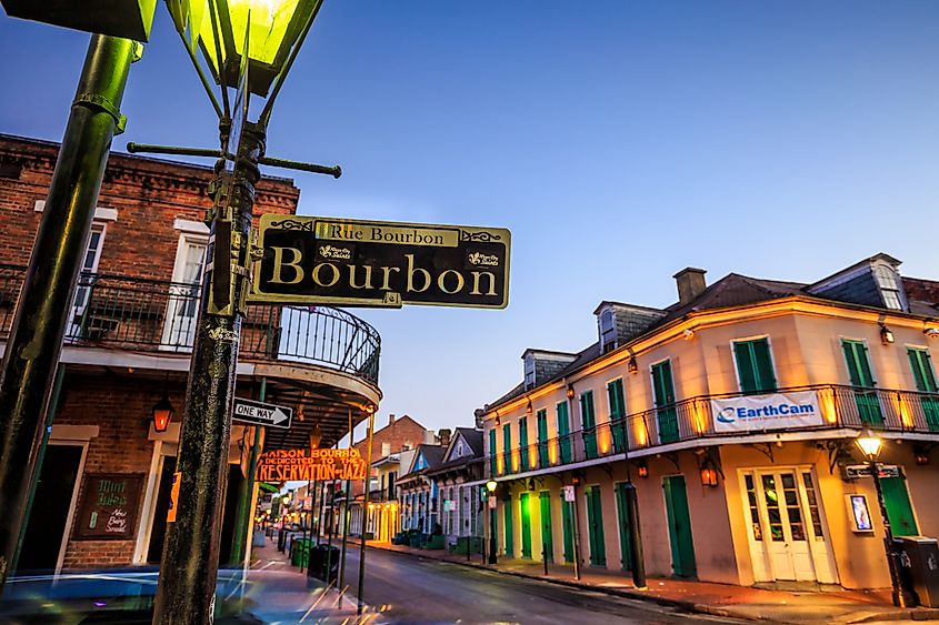 Pubs and bars with neon lights in the French Quarter of New Orleans, Louisiana