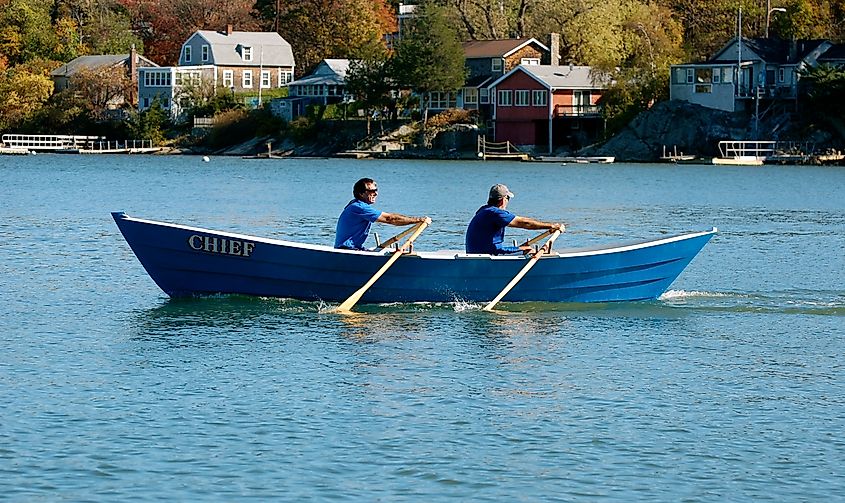 Rowers work their way along the Weir River race course.