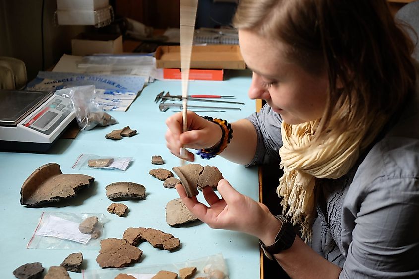 Archaeologist cleaning an early medieval pottery sherd from Chodlik, Poland.