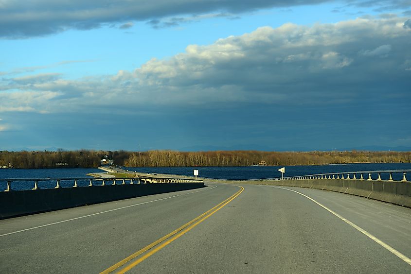 View on the Rouses Point Bridge along Lake Champlain in New York.