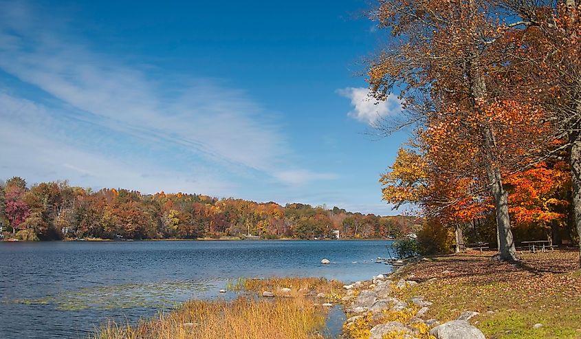 A sunny blue sky day in autumn at mount tom state park in washington depot connecticut.