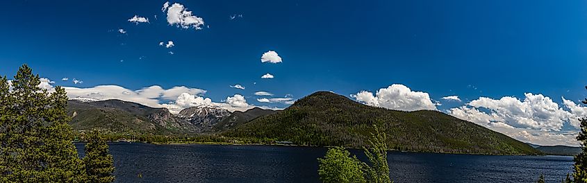 A shoreline view of Shadow Mountain Lake, located on the western end of Rocky Mountain National Park near Grand Lake, Colorado. 