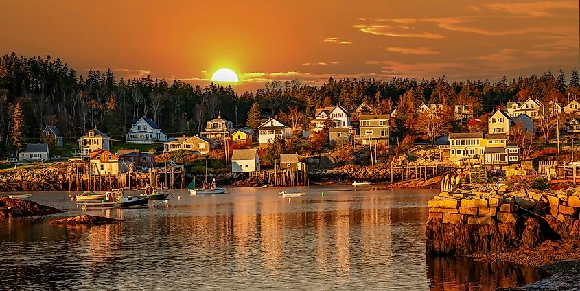 Lobster boats anchored in the bay with bayfront homes lining the shoreline in Stonington, Maine.