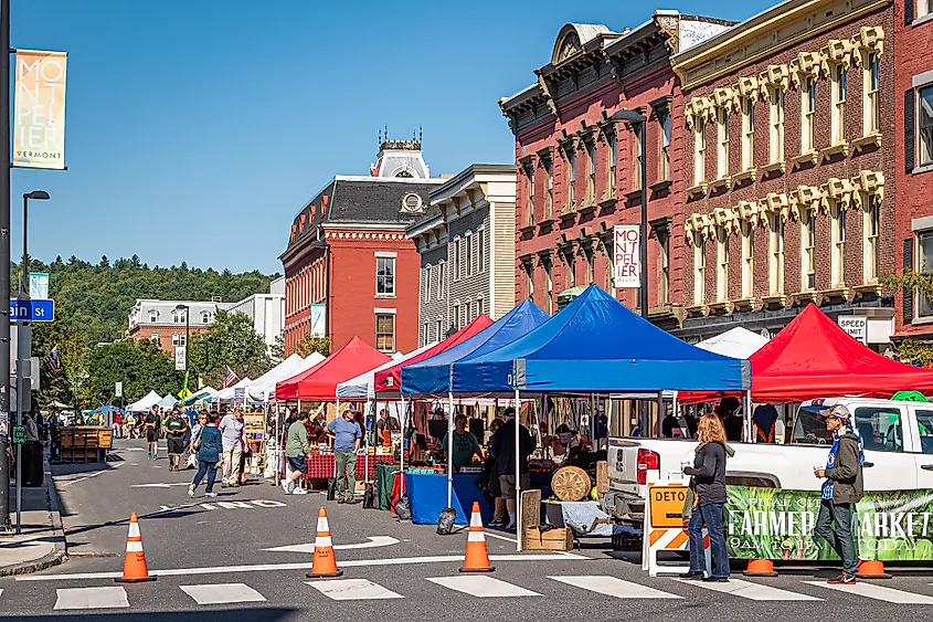 Farmers Market is on State Street and Main in Montpelier, Vermont.