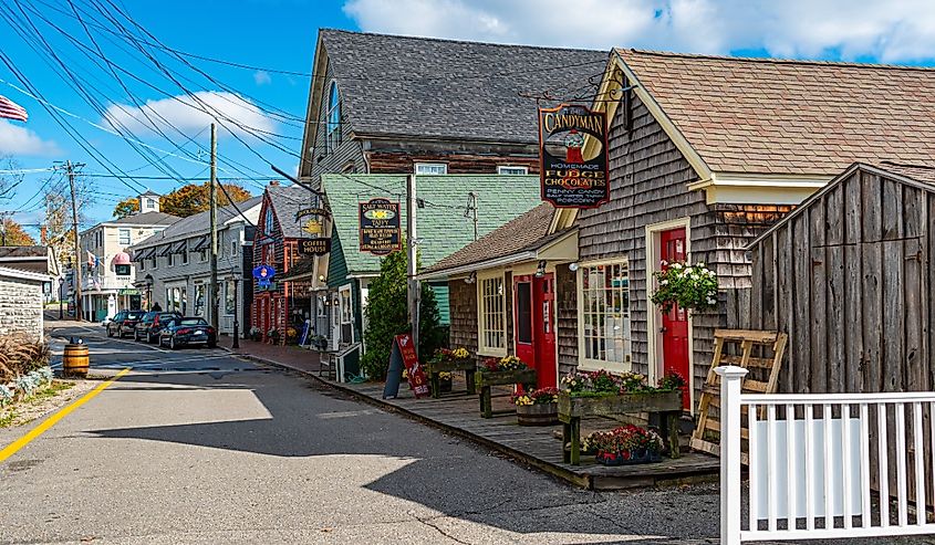 Downtown street in Kennebunkport, Maine in the fall.