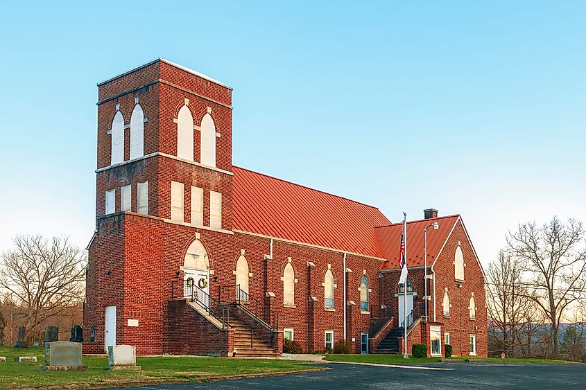 Natural Bridge, Virginia. USA - March 28, 2024 - Natural Bridge Baptist Church at sunset