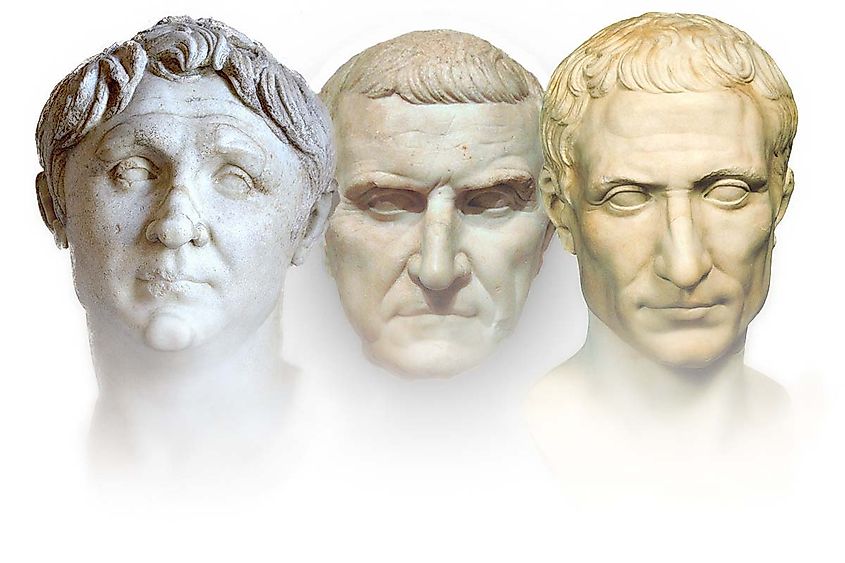 The First Triumvirate of the Roman Republic (L to R) Gnaeus Pompeius Magnus, Marcus Licinius Crassus, and Gaius Julius Caesar.
