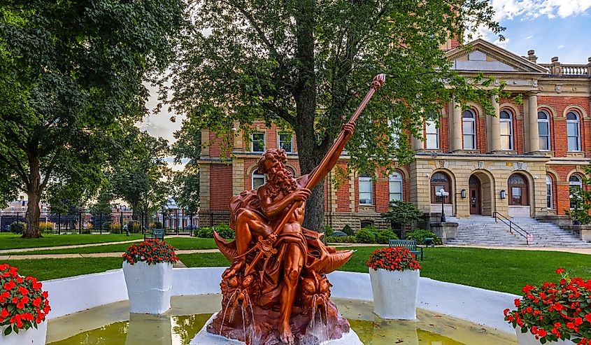 The Elkhart County Courthouse and Neptune Fountain, Goshen, Indiana.