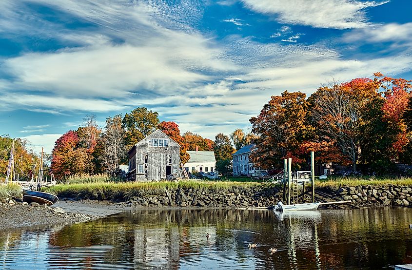 Fall in Essex, Massachusetts, USA. Autumn scene at old wharf.