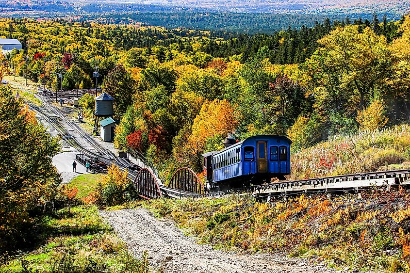 Cog railway steam train is returning from Mt. Washington tour. 