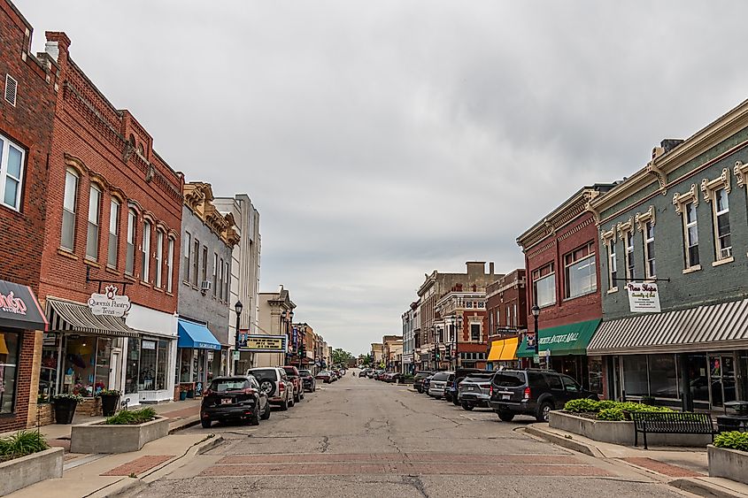 Brick buildings lined along a street in Leavenworth, Kansas.