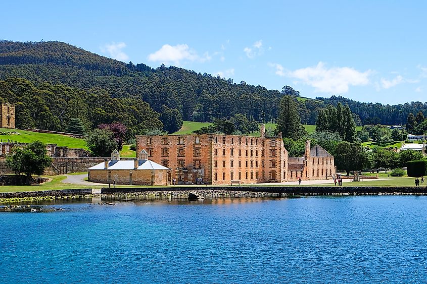 The Port Arthur Historical Site in Tasmania, Australia, featuring well-preserved ruins of a former convict settlement, with stone buildings and scenic surroundings, rich in history and set along the rugged coastline.