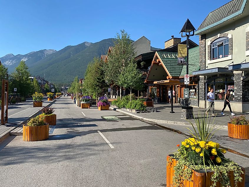 Morning on the Banff Ave pedestrian strip in the iconic Canadian national park. No crowds yet, but they are sure to arrive by the afternoon.