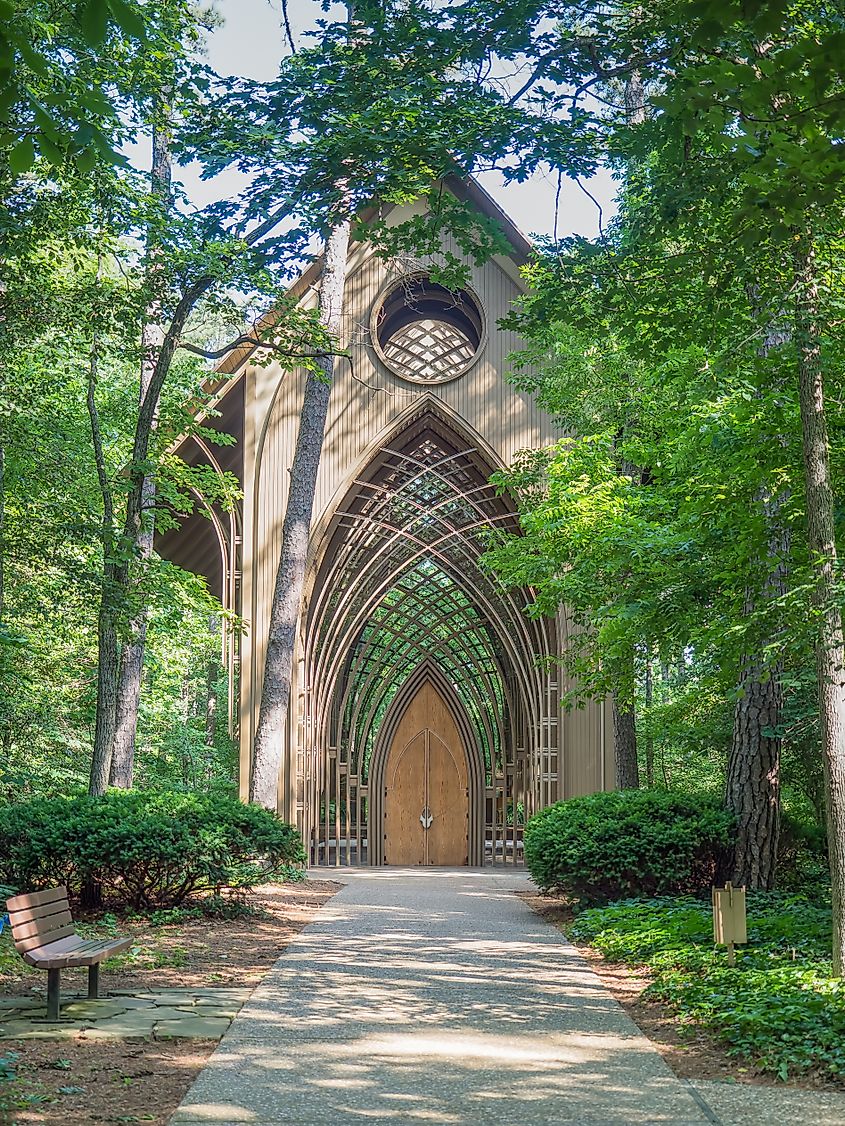 Mildred B. Cooper memorial chapel is a Gothic style woodland church made of glass and wood. Editorial credit: Amy Kerkemeyer / Shutterstock.com