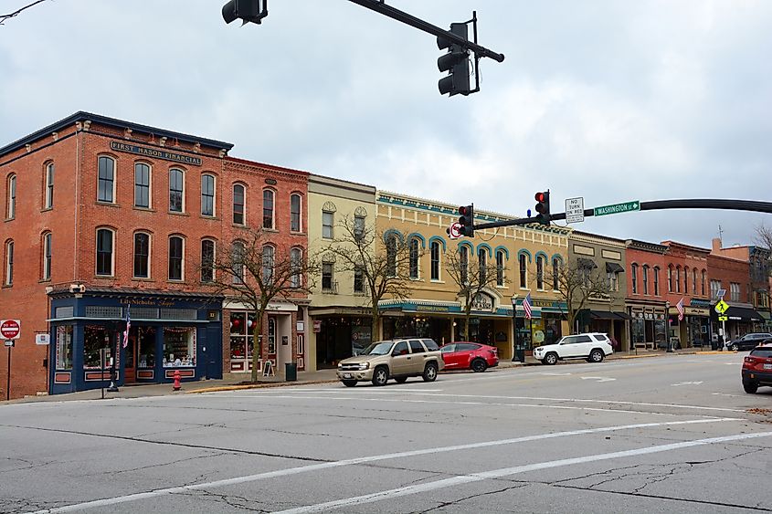 Historic buildings in downtown Medina, Ohio, in autumn