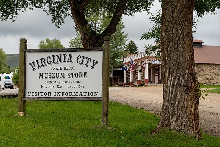 Sign and exterior for the Train Depot and Museum Store in Virginia City, MT. Editorial credit: melissamn / Shutterstock.com