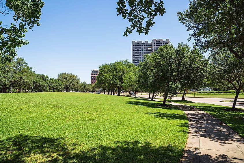 Green city park in the midtown area of Houston during the daytime in the spring season.