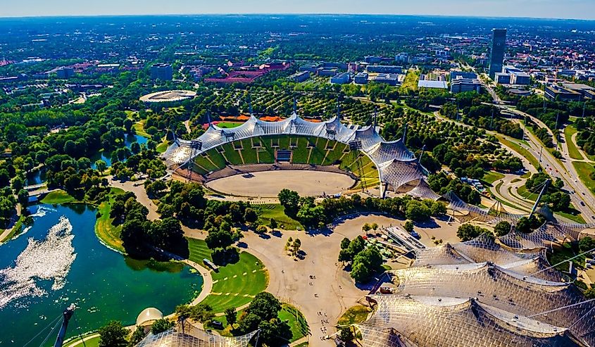 Aerial view of olympiapark in german city munich which hosted olympic games at 1972.