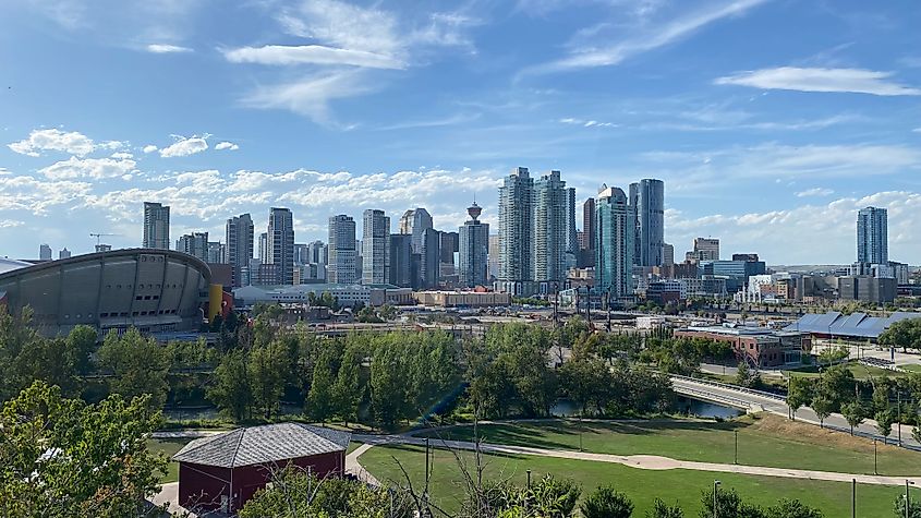 The Saddledome and downtown Calgary skyline as seen from a hilltop on a sunny day. 