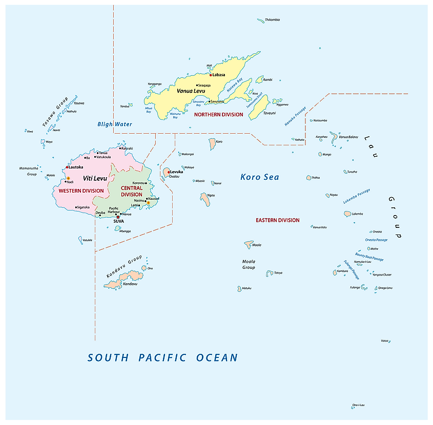 politieke kaart van Fiji met zijn 4 divisies en de hoofdstad Suva.