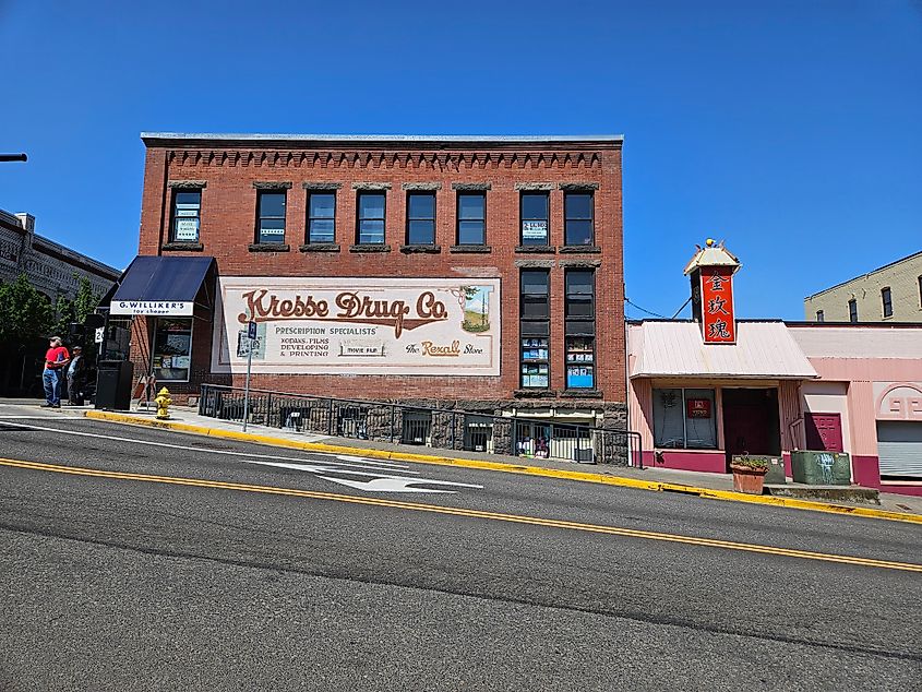 Historical buildings in Downtown Hood River along the Columbia River.