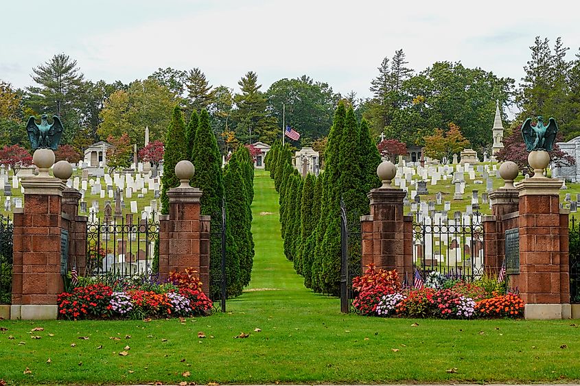 Simsbury Cemetery provides a picturesque view on an autumn day. The setting is peaceful and provides magnificent views of the valley. Editorial credit: CJY Images / Shutterstock.com