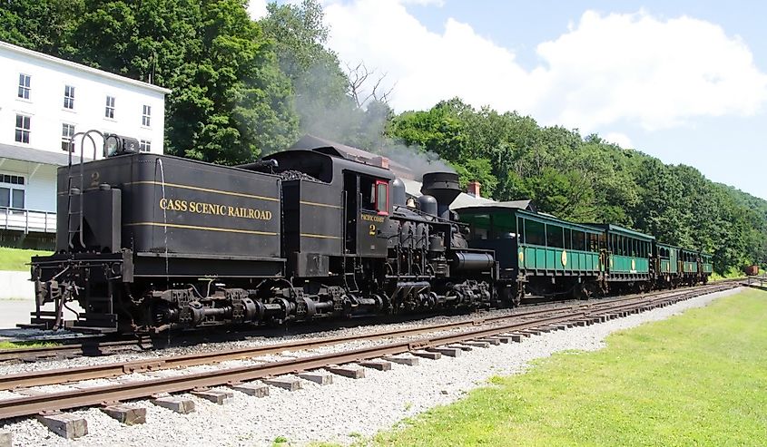 The Shay engine and cars of the Cass Scenic Railroad in the Cass Scenic Railroad State Park.