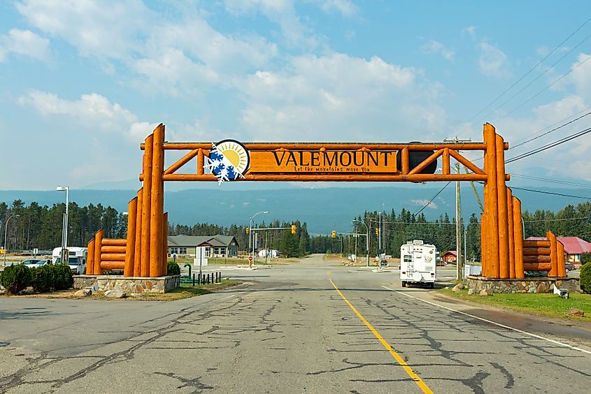 Sign welcoming visitors to Valemount, British Columbia, Canada.