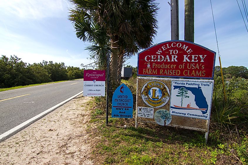 Welcome sign to Cedar Key, Florida.