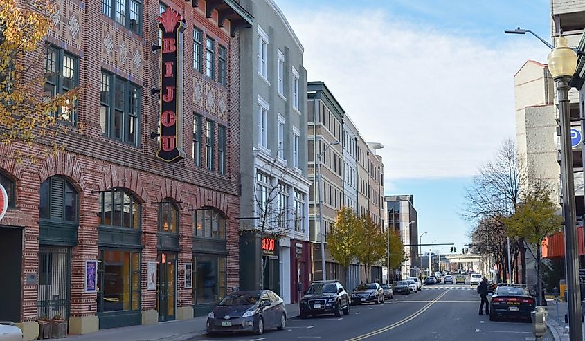 Fairfield Ave in downtown Bridgeport on a spring morning outside the Bijou and other restaurants