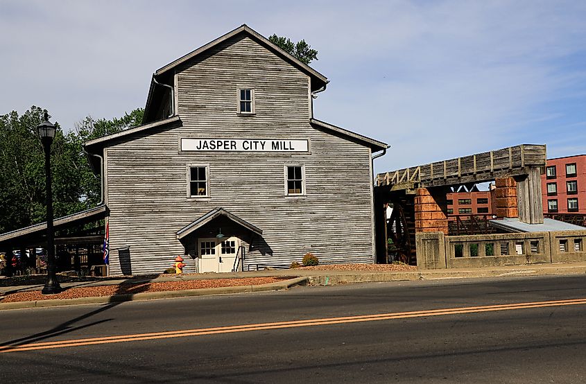 Jasper, Indiana, USA 5-18-25 Jasper Indiana old historic grain mill run by a water wheel, located at 160 Third Ave, Jasper, IN 47546. Editorial Photo Credit: Lost Shoe Studios Shutterstock.