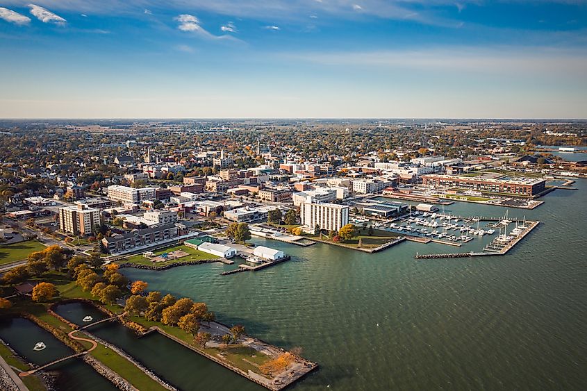 Boats docked along the bustling harbor in Sandusky, Ohio.