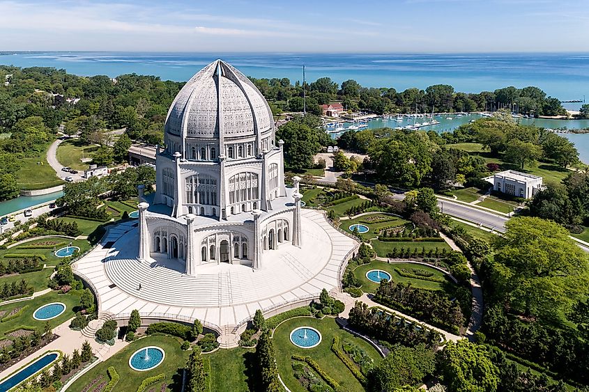 Aerial view of the Baha'i Temple, harbor, and Lake Michigan in Wilmette, Illinois