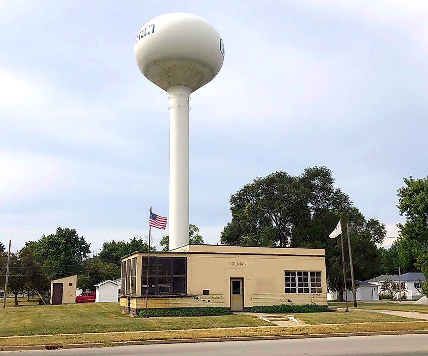 The town hall and water tower in Gilman, Illinois