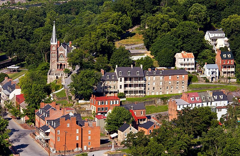 Aerial view over the National Park town of Harpers Ferry in West Virginia