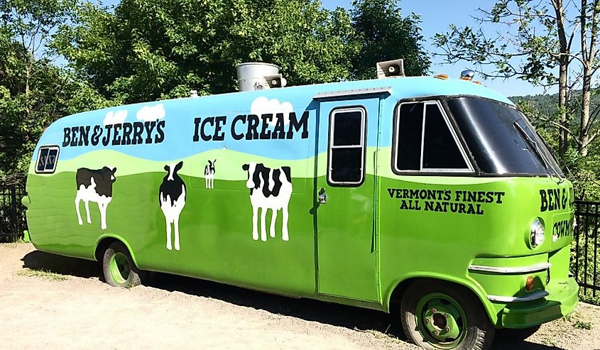 Vintage bus with Ben and Jerry's logo. The bus is at their manufacturing plant in Vermont.