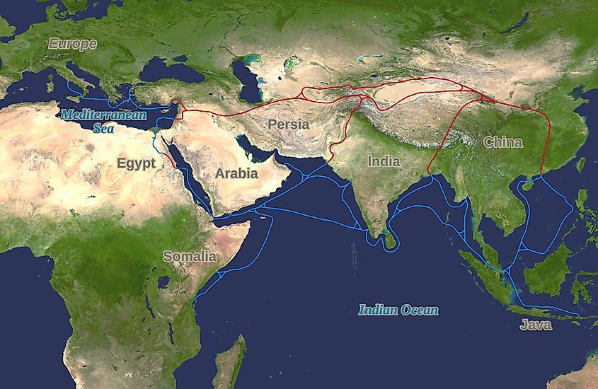 The Silk Road (red) and spice trade routes (blue).