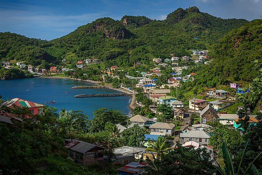 View of Barrouallie with Sea and palm trees in Saint Vincent and the Grenadines