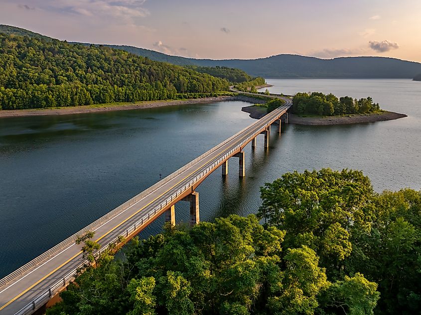 Summer aerial photo of the Route 10 bridge over the Cannonsville Reservoir, Delaware County, NY.