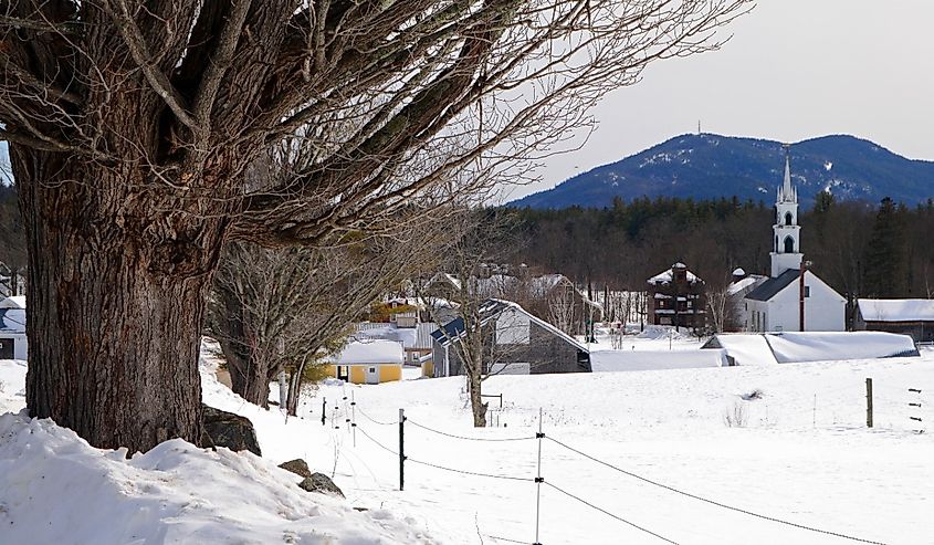 The small town of Tamworth New Hampshire in sits quietly under a winter's snow.