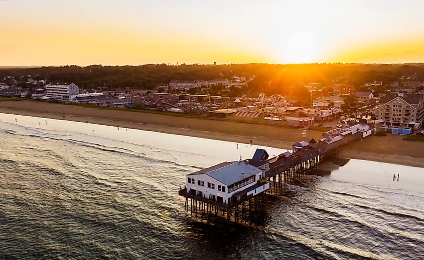 Old Orchard beach at sunset, aerial view.