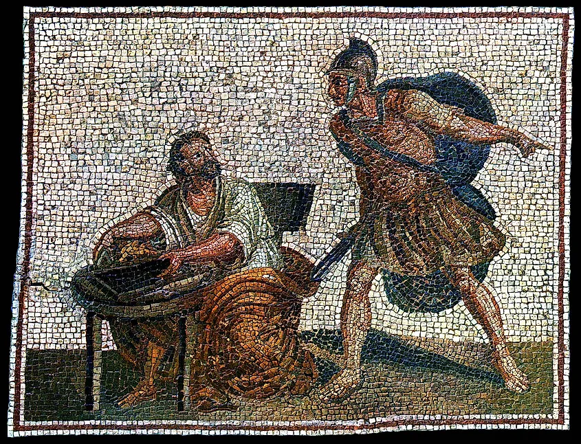 Archimedes before being killed by the Roman legionnaire, a copy of a Roman mosaic from the 2nd century.