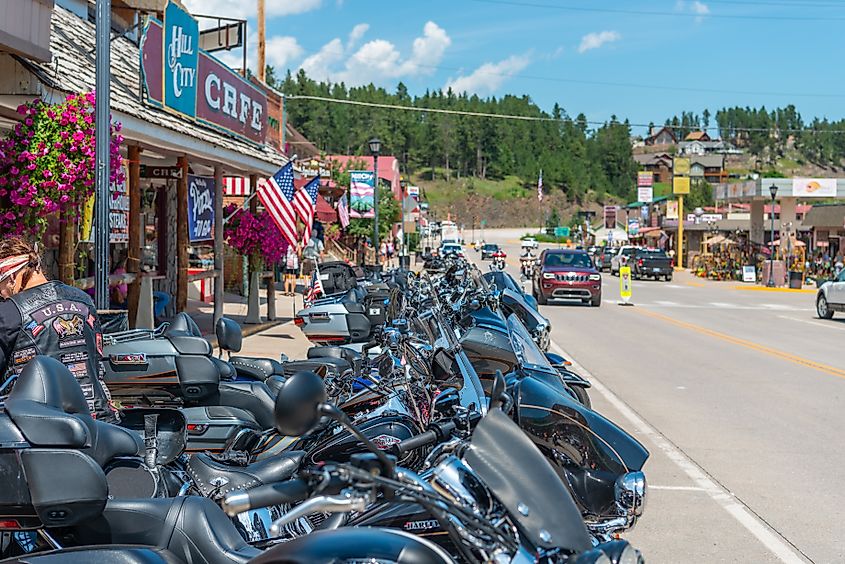 Bikes and bikers gathering in Hill City, South Dakota, for the annual Sturgis Motorcycle Rally.