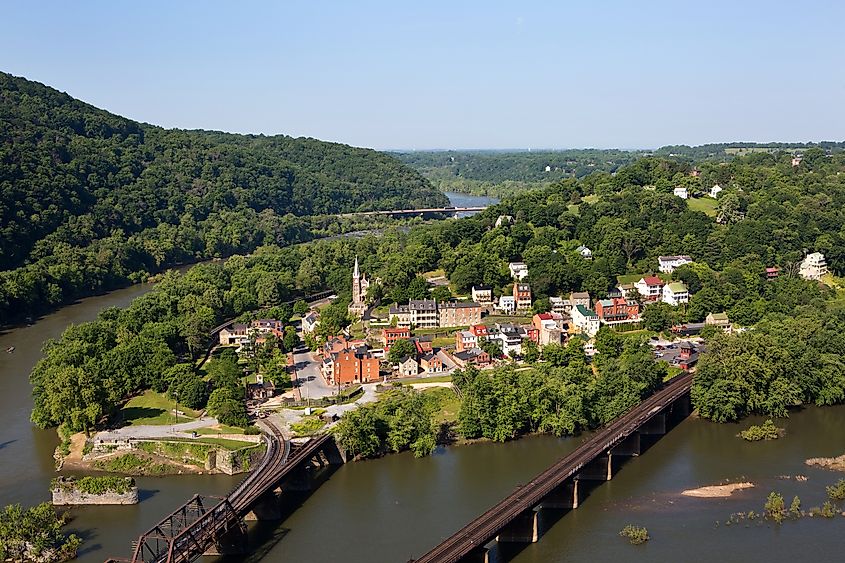 Aerial view of the town of Harpers Ferry, West Virginia.