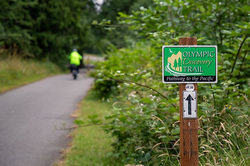 Sequim, Washington: Olympic Discovery Trail with bicycle rider in distance