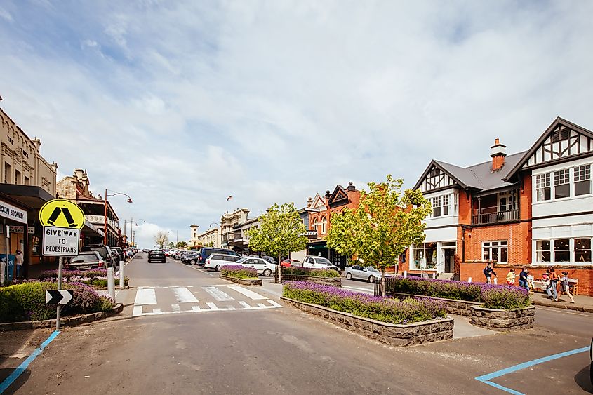 Vincent Street in Daylesford on a warm spring morning in Victoria, Australia